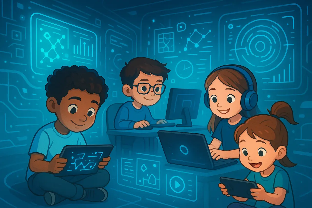 Niños de la Generación Alpha interactuando con tecnología digital.