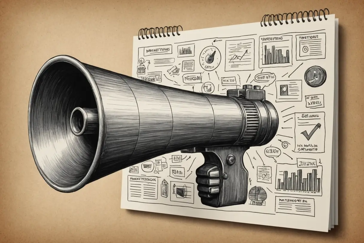 Ilustración de la diferencia entre publicidad y marketing con estrategia y comunicación.