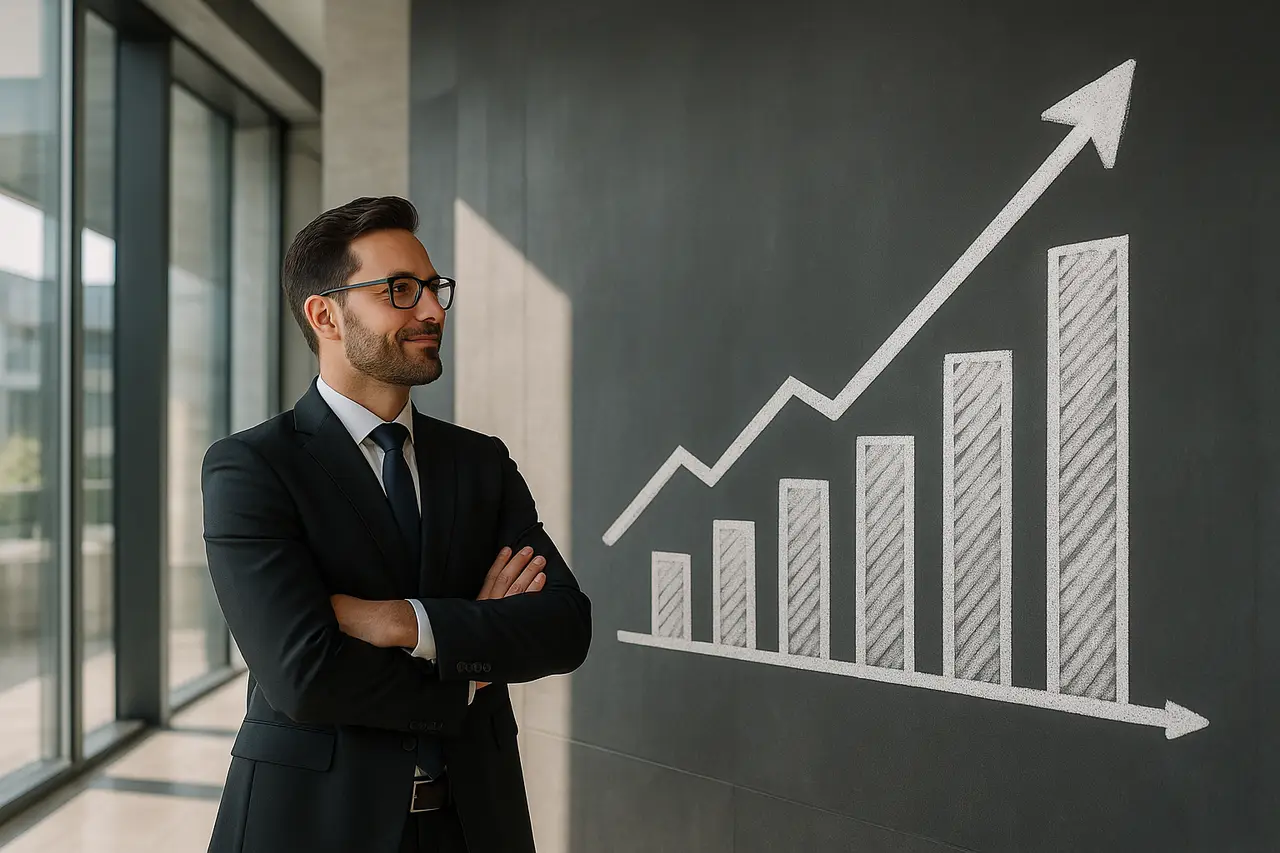 Empresario observando gráfico ascendente que representa crecimiento con marketing.