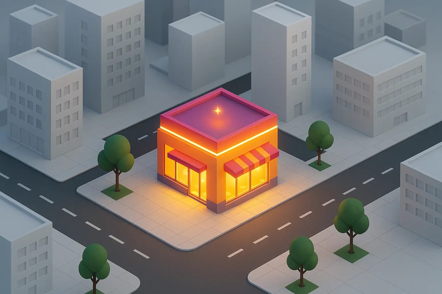 Ilustración 3D de una tienda representando un negocio local que destaca gracias al SEO en una ciudad.