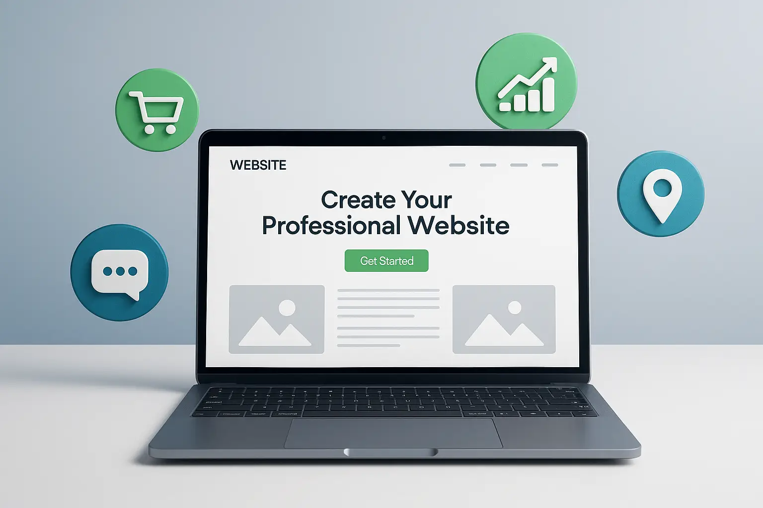 Computadora portátil mostrando un sitio web profesional con íconos de tienda, chat, ubicación y crecimiento.