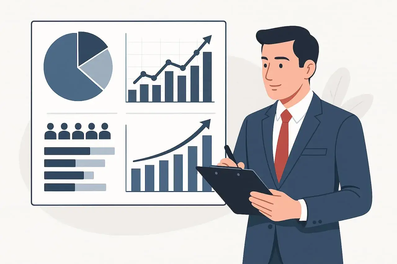 Empresario analizando resultados de investigación de mercados para mejorar su negocio.